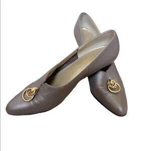 Vintage Taupe Leather Flats 80s Gold Ring Hardware Pointed Toe Retro Classic